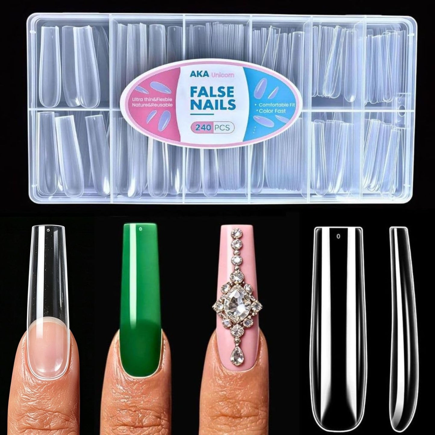 AKA Unicorn Long Square Nail Tips,240Pcs Clear Full Cover Soft Gel Nail Tips,12 Sizes Pre-Shaped Straight Square Nails,3XL Clear Press On Nail Extensions for Beginners & Professionals Salon Home DIY