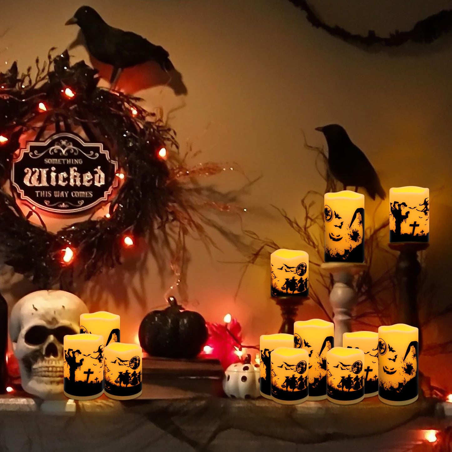 CLTNIKET 12-Pack Halloween Ink Painting Large Electronic Waxes with Remote Control, Flameless LED Candles for Halloween Spooky, Halloween Ambient Sense Artifacts.