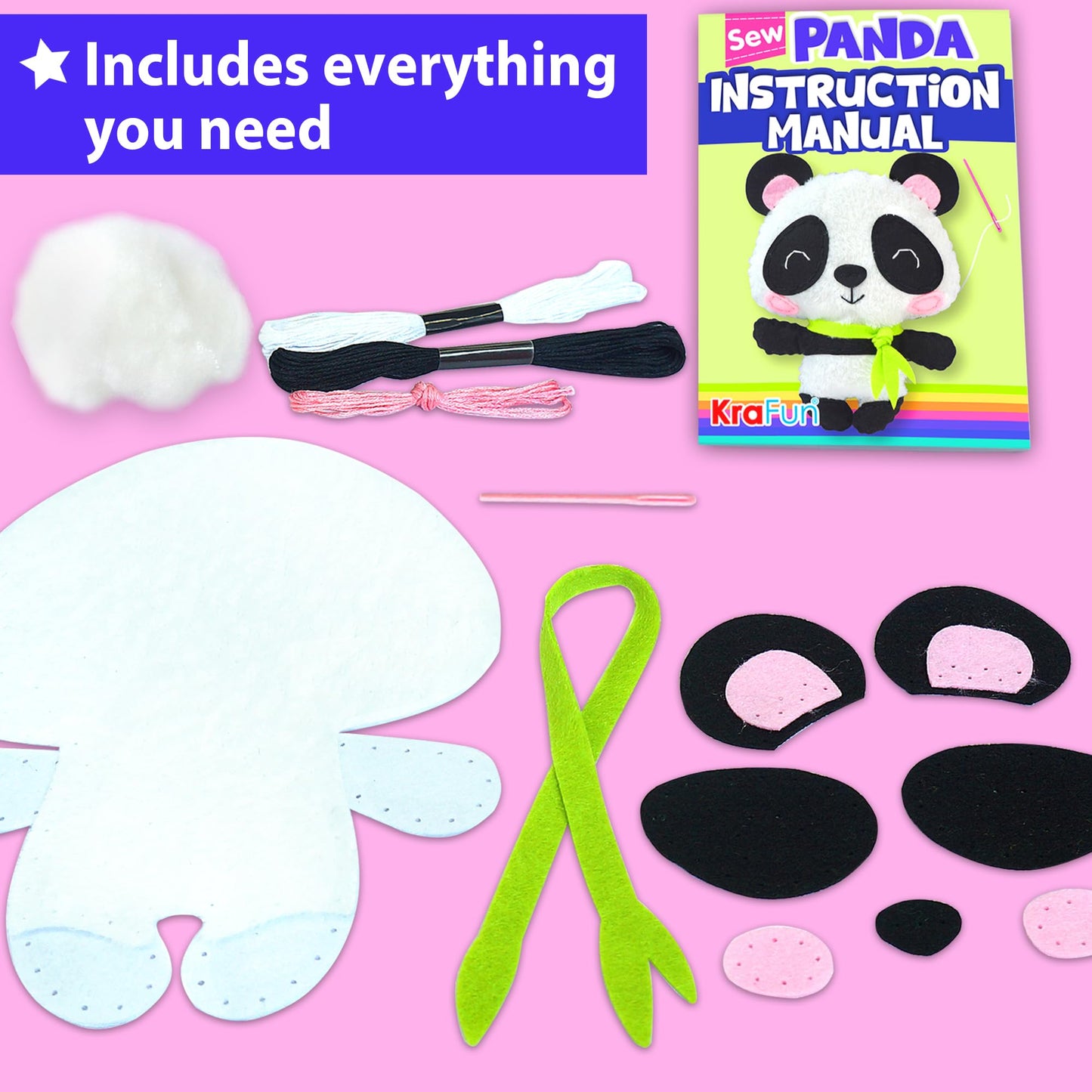 KRAFUN My First Sewing Kit for Kids Ages 6-10 Beginners | Learn to Sew Panda Stuffed Animal | Premium Thick Felt | Craft Gift for Girls & Boys