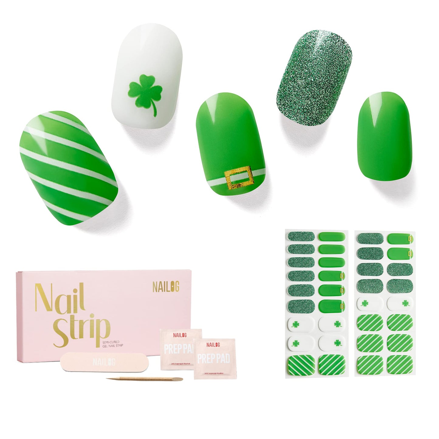 NAILOG Green Semi Cured Gel Nail Strips for St. Patrick's Day, 34pcs Salon-Quality Irish Pride Nail Art Wraps