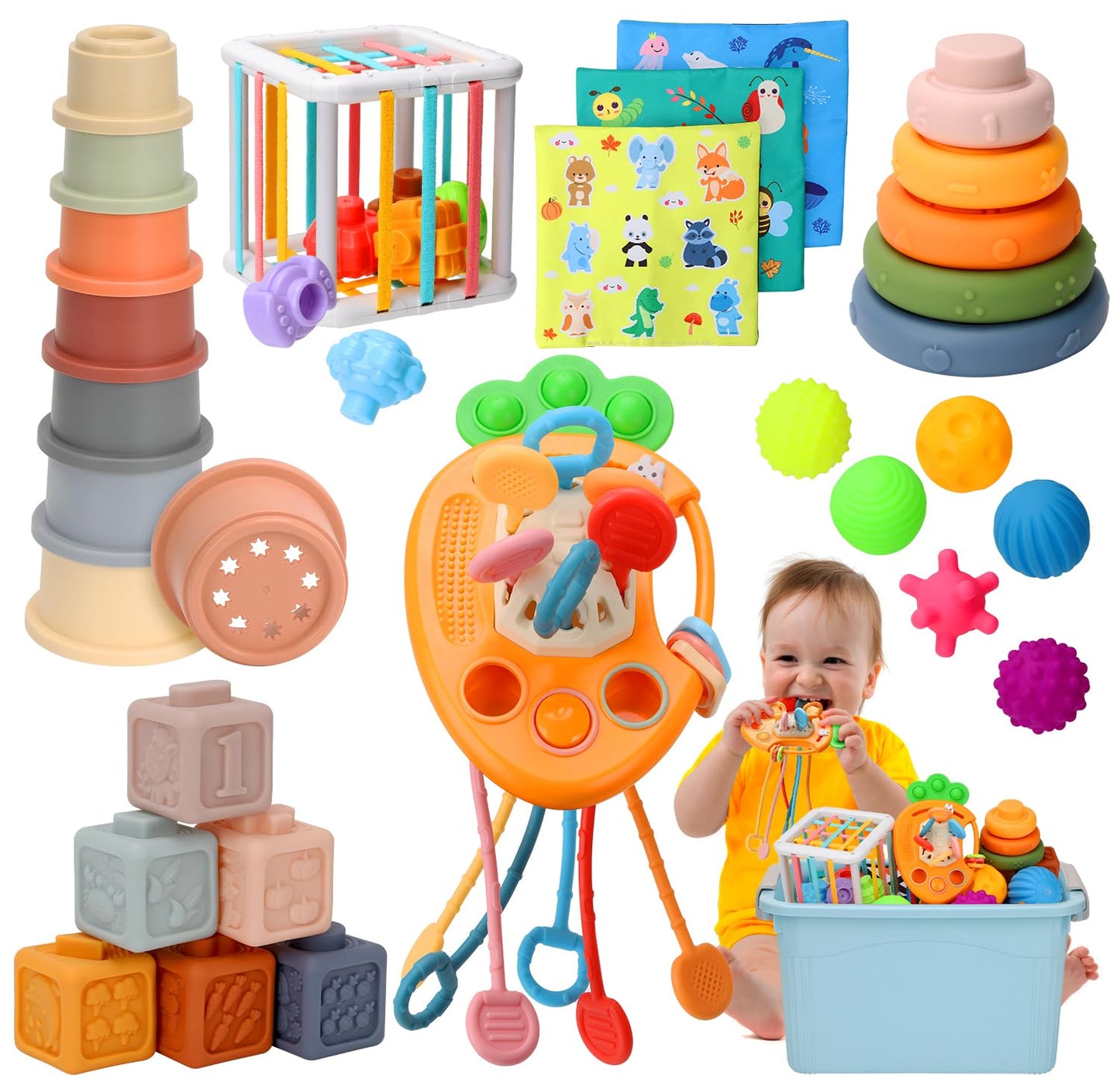 Baby Toys 6 to12 Months, 7 in-1 Montessori Toy for 6-9-12-18 Month Old with Pull String Toy, Sensory Bin Toys, Stacking Baby Blocks & Soft Infant Ring & Sensory Ball, Stacking Cups for Toddler 1-3Gift