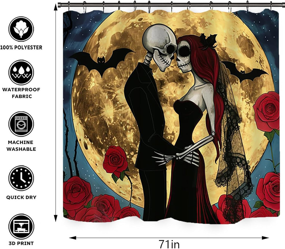 NEWSUYAA Halloween Decorations Shower Curtain Set with Non-Slip Rugs and Bath Mats,Black Skull Skeleton Bathtub Curtains with 12 Hooks,All Saints'Day (Nov 1st) Bathroom Decor