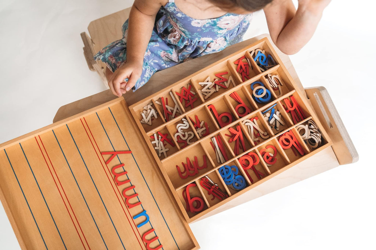 Movable Alphabet Montessori Wooden Letters - Moveable Alphabet With Box Mats - Lower Case for Writing, Reading, Spelling, and Language Learning Materials (Red and Blue)
