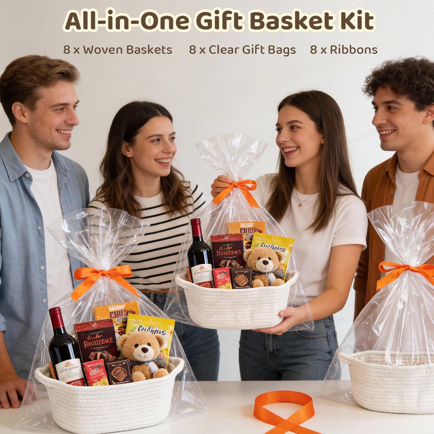 8 Pack Small Woven Baskets for Gifts Empty, 12"x8"x5" Cotton Rope Storage Baskets with Handles, Gift Basket Kit with Bags & Ribbons for Baby Shower, Nursery, Christmas, Easter, Bulk White