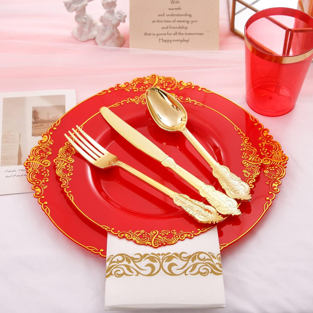 Morejoy 175PCS Red Plastic Plates,Red Disposable Plates With Gold Rim,Red and Gold Plastic Dinnerware Set Includes: 50 Plates,25 Silverware Sets,25 Cups,25 Napkins,Perfect for Party,Wedding