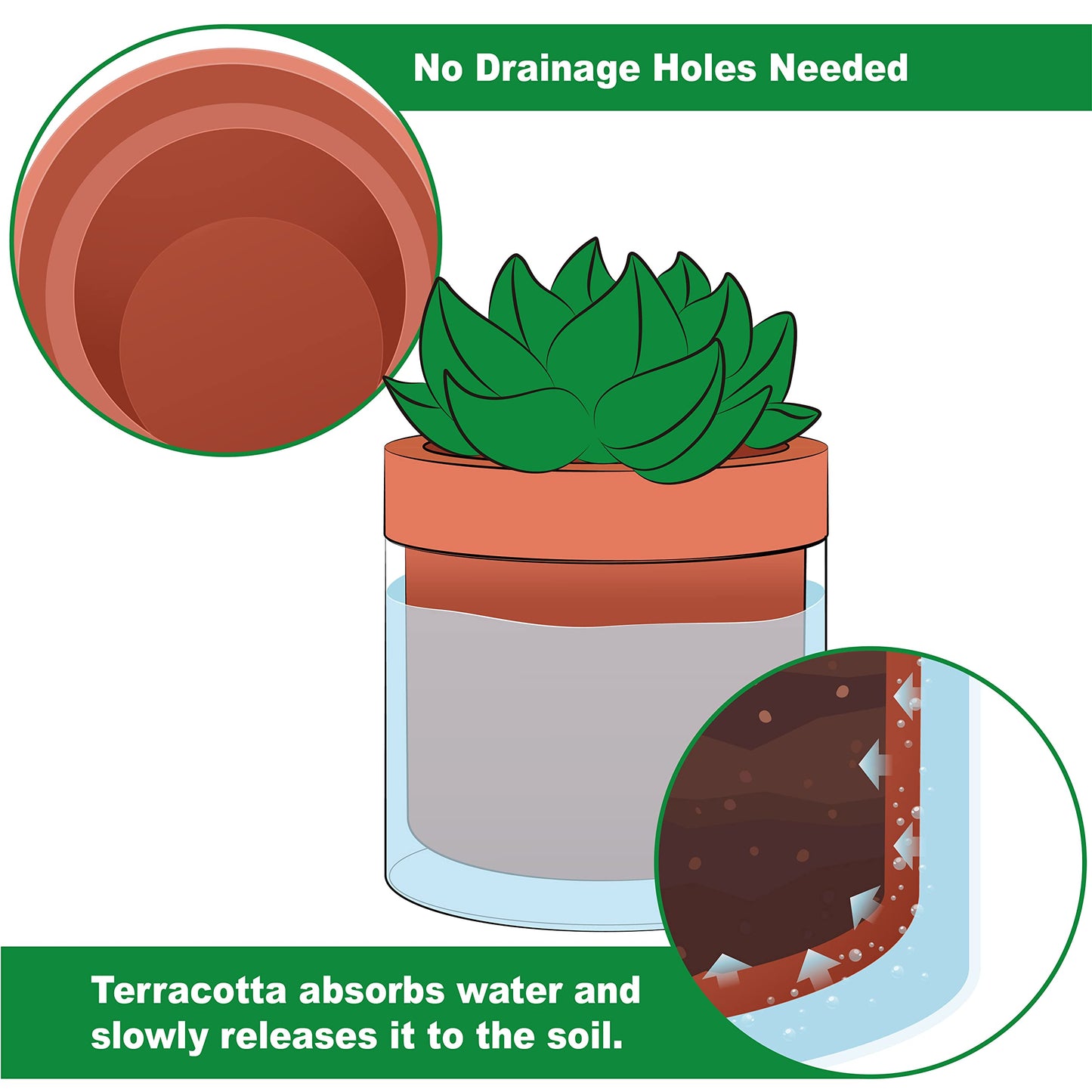 Phoenix Vine 4 Inch Self Watering Planter Pot, Terracotta Clay Pot with Glass Reservoir for Indoor Plants, Herbs, Flowers, Set of 3, 52-A-E-3