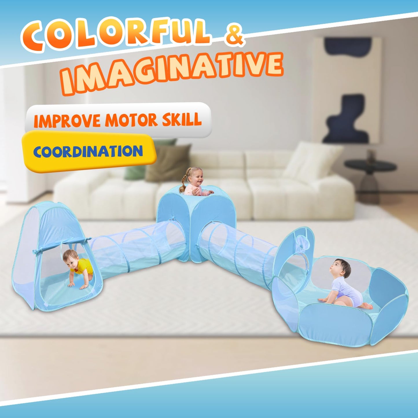 Action Air Kids Play Tent Set with Tunnel and Ball Pit, 5-in-1 Pop Up Playhouse for Toddlers 1-3 (Blue, Green)