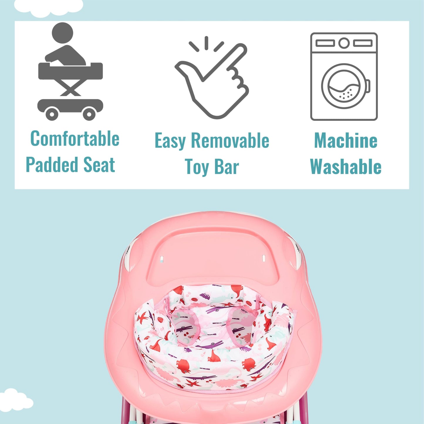 Dream On Me Baby Steps Baby Walker in Pink, Adjustable Three Position Height Setting, Removable Tray, Easy to Fold and Store Baby Walker