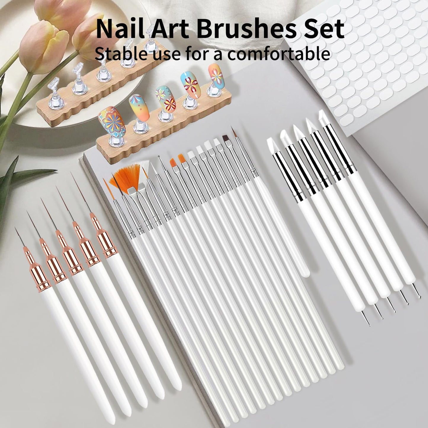 39Pcs Nail Art Brush & Practice Tool Kit, White Nail Art Brushes with Nail Practice Stands & Brush Holder, Professional Manicure Accessories for Nail Art Painting, Sculpting & DIY Manicure