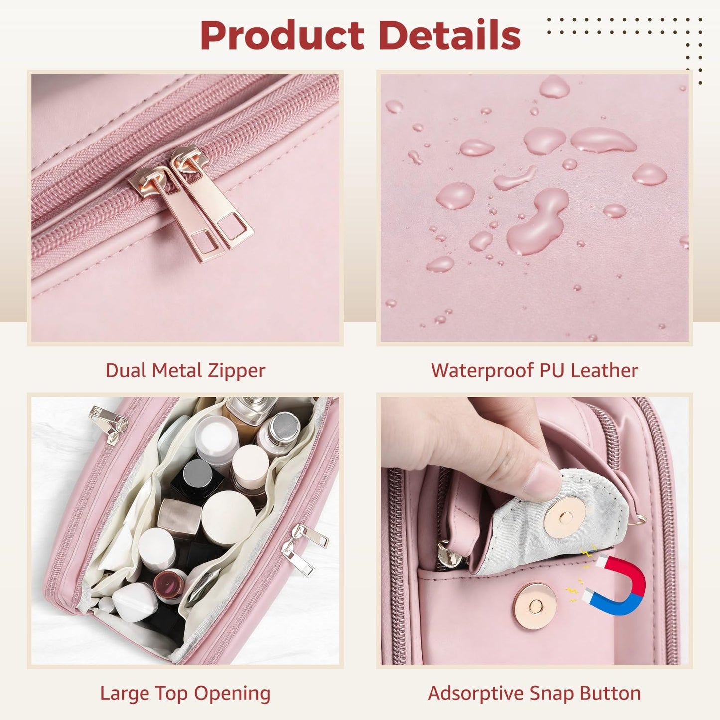 DORMIYA Travel Makeup Bag for Women, Large Capacity Cosmetic Organizer, Multi-Layer Toiletry Bag with Handle, Waterproof PU Leather Portable Makeup Zippered Case with Standing Brush Holder