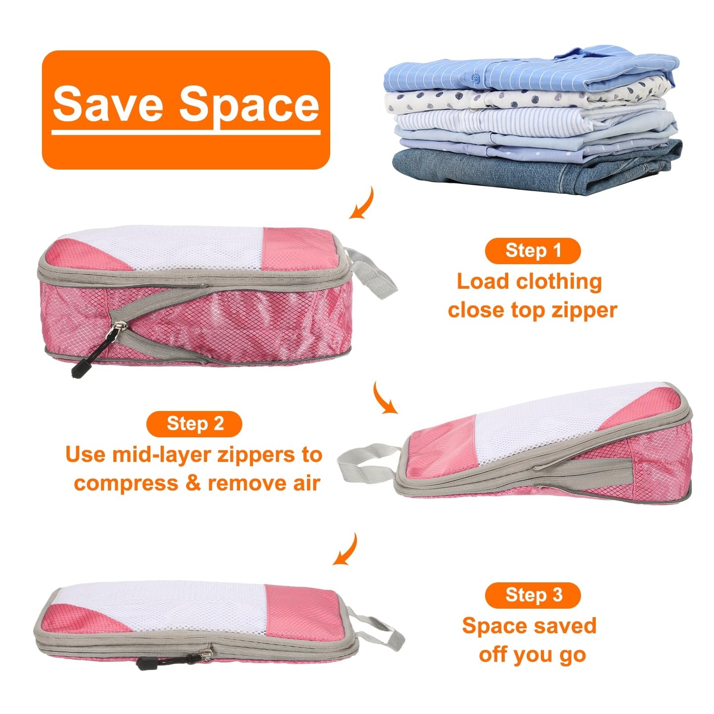 HARFINGTON 3pcs Compression Packing Cube for Suitcases Lightweight Luggage Organizers Bag Travel Essentials Compression Bags for Carry on Suitcases, Pink