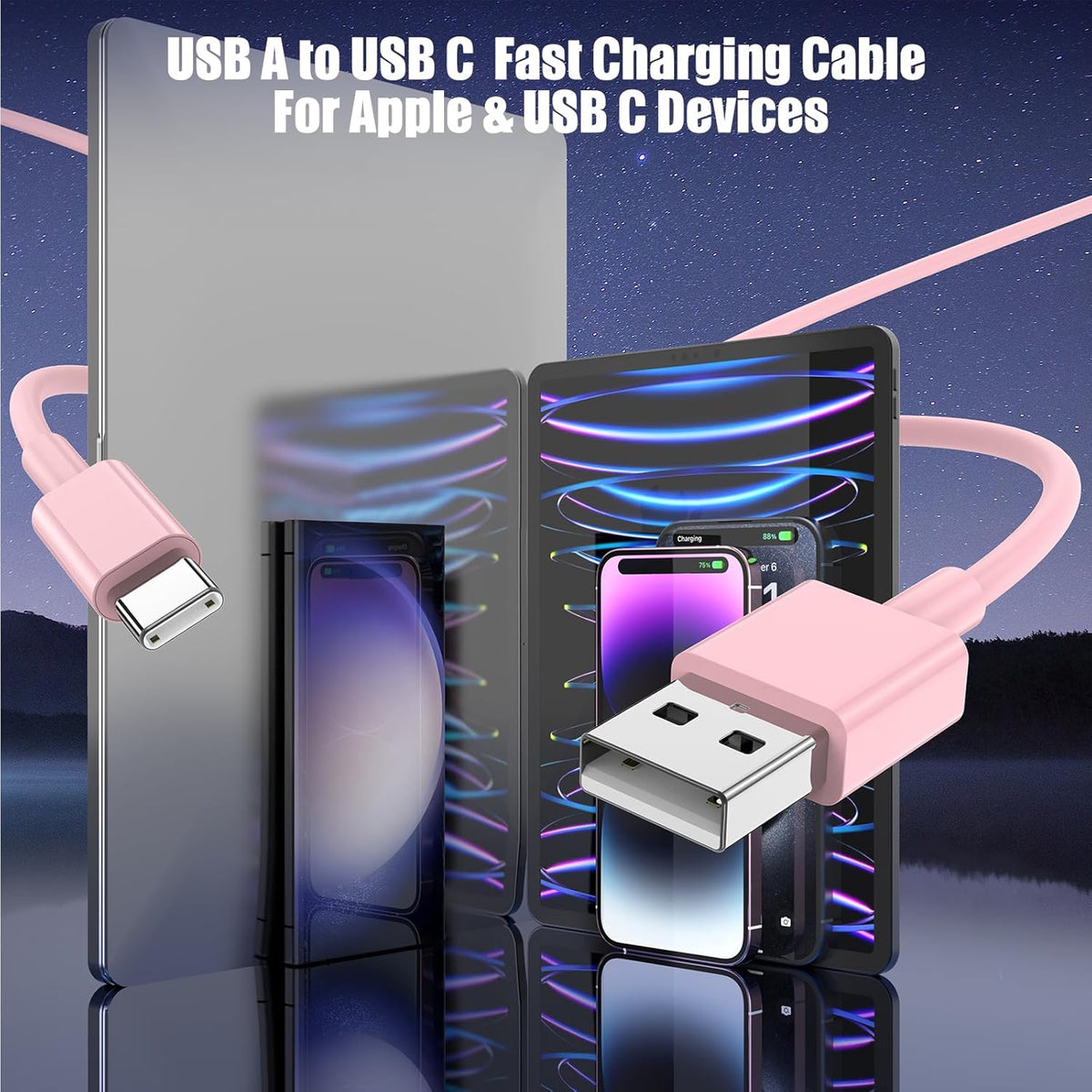 3-Pack Pink [3.3FT+3.3FT+6FT] USB A to USB C Cable，USB to USB C Car Carplay Cable for iPhone 16 15 Pro Plus Pro Max，for iPad Pro/Air/Mini，for Samsung S24/S23/S22/S21，for MacBook Pro/Air and More