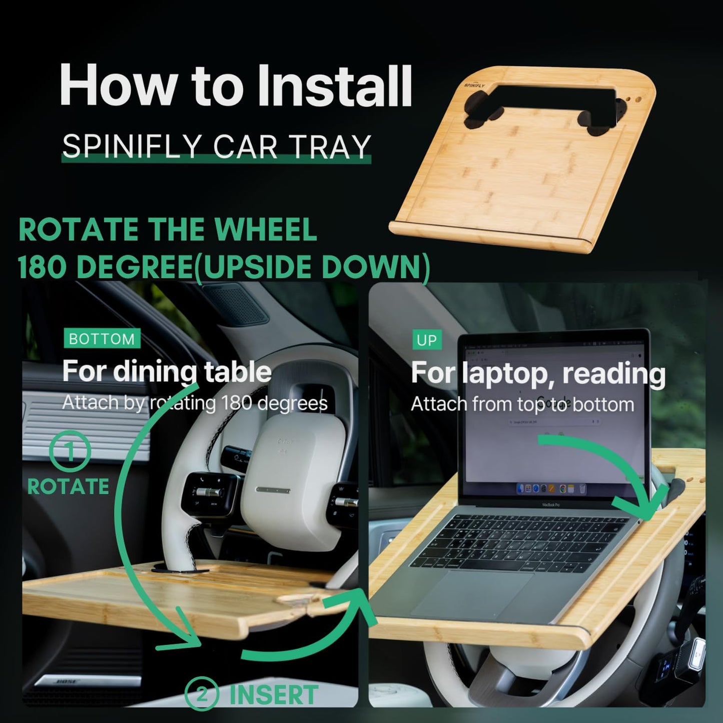 SPINIFLY 2 in 1 Steering Wheel Tray – Car Tray & Food Table – Car Essentials Double Sided Bamboo Car Desk for Laptop, Eating & Reading – Fits up to 17" Laptop