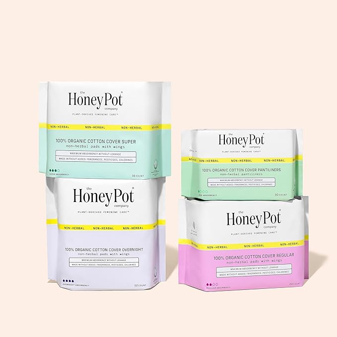 The Honey Pot Company - 64ct - Sanitary Pads for Women - Non-Herbal Super w/Wings - Organic - Cotton Cover, & Ultra-Absorbent Pulp Core - Feminine Care - FSA & HSA