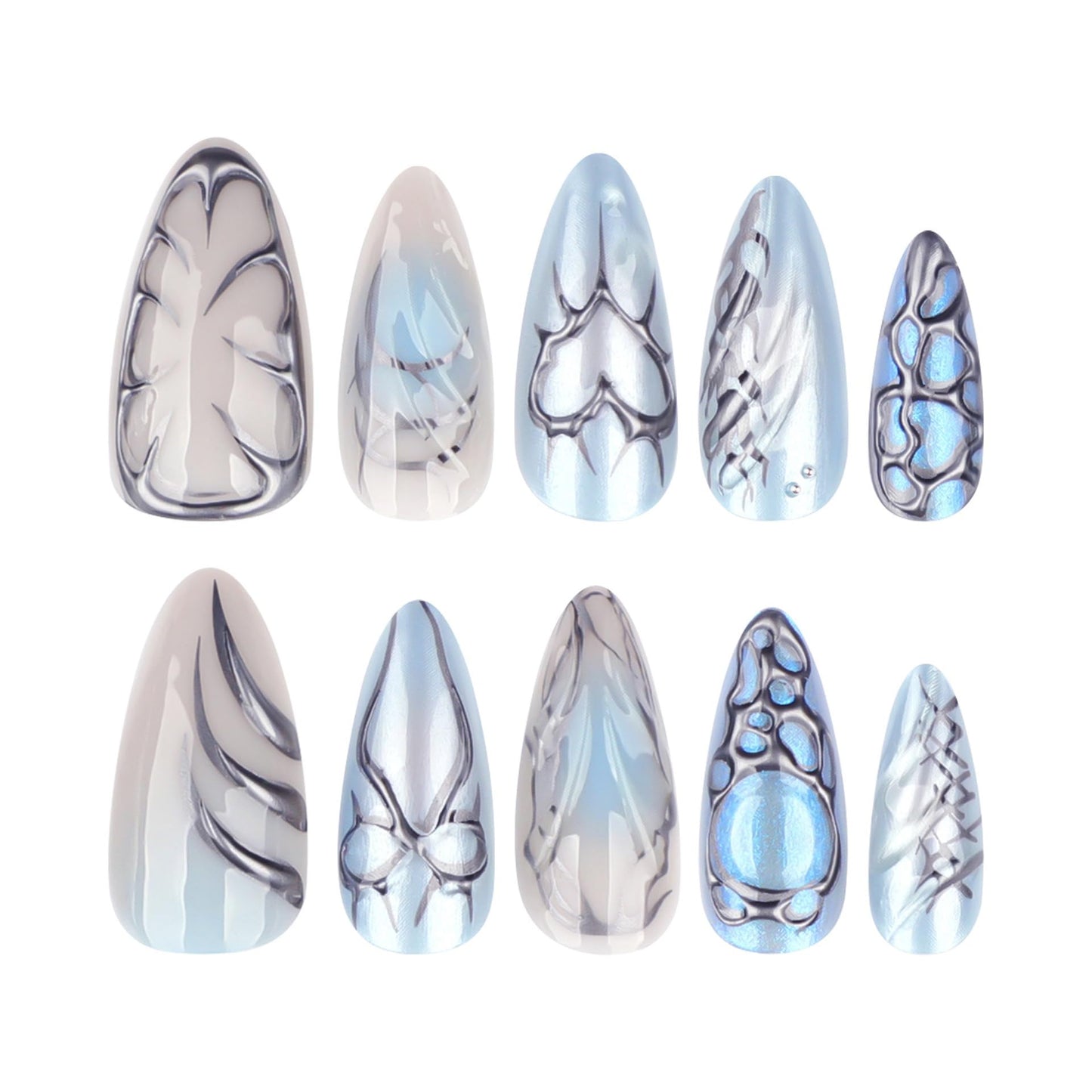 CTTHNBD Press on Nails Almond - Blue Fake Nails with Bow Heart Desgin - Y2k, Medium False Nails Press ons - for Women 24 Pcs