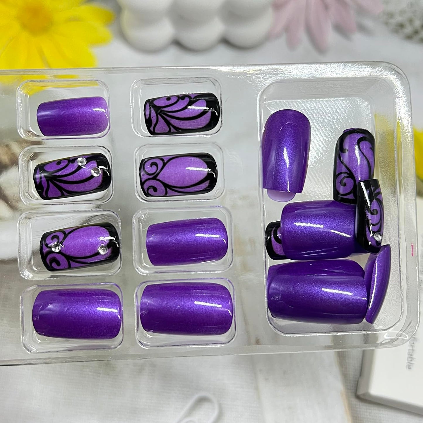 Purple Press on Nails Medium Square Fake Nails with Black Flowers Line Design Rhinestones False Nail Glossy Full Cover Acrylic Artificial Stick on Nail for Women 24Pcs