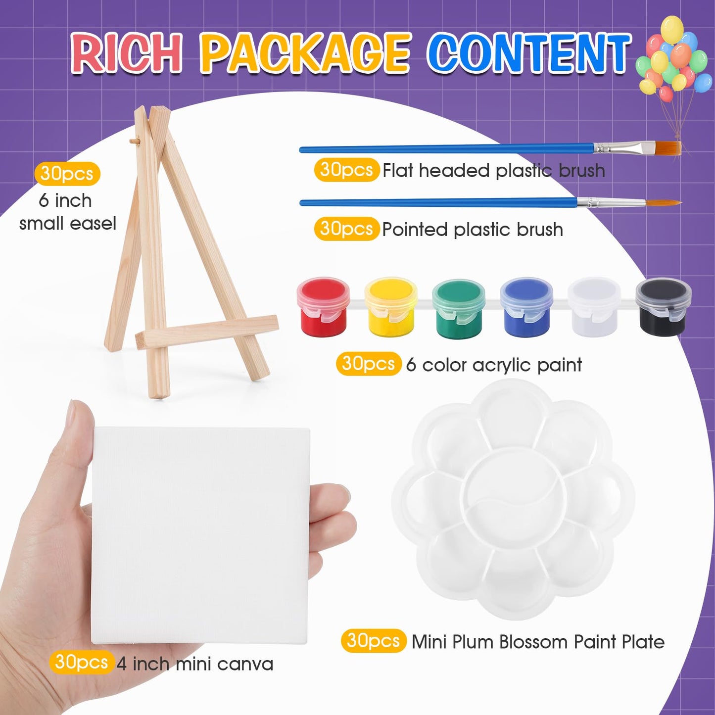 ESRICH 30 Pack Mini Acrylic Paint Kit,Canvas Painting Kit,4in Stretched Canva with 6in Easel,Acrylic Paint Strips,Palettes,Painting Brushes,Canva and Easel Set for Kids Artists Beginner,Gift