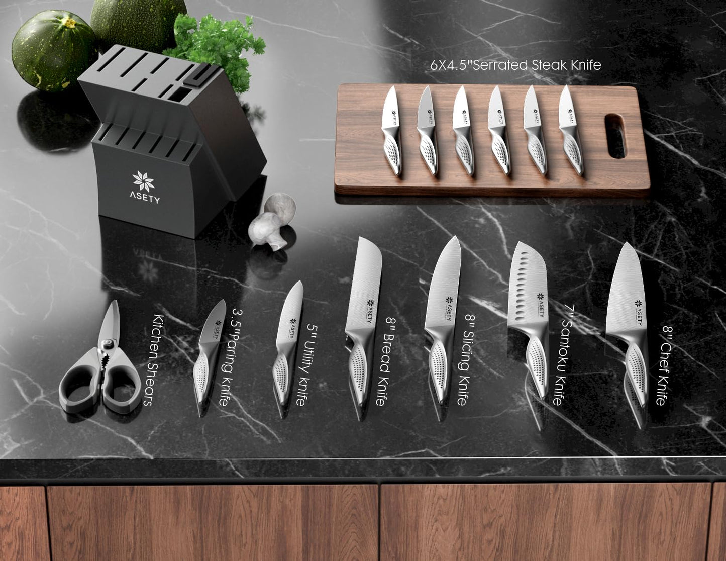 ASETY Knife Set - Ultra Sharp Knives Set for Kitchen with block, 15 PCS Stainless Steel Knife Set with Built-in Sharpener, Ergonomic Non-Slip Handle, Elegant Box for Men Women, Mothers Day