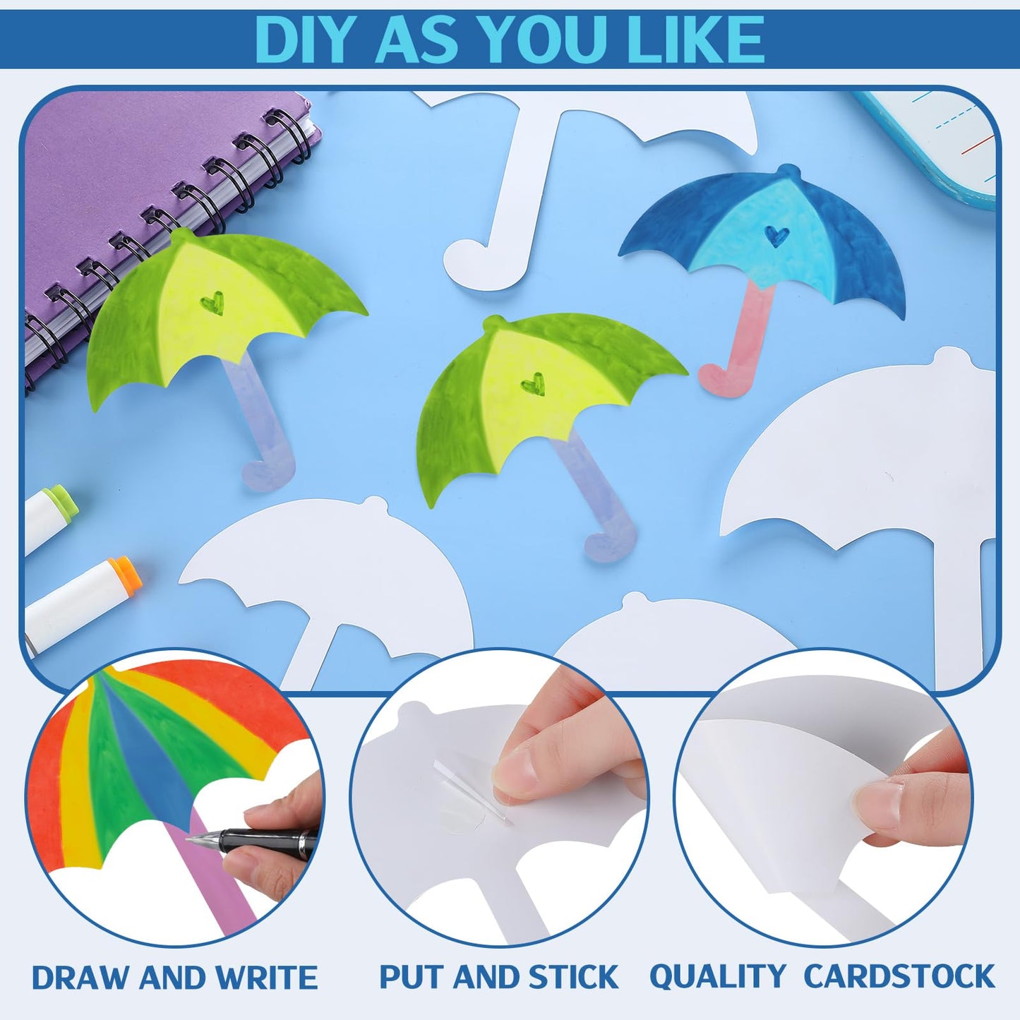 Harloon 100 Pcs Paper Cutout 5.5" 3.5" Classroom Bulletin Board Accents Cut Outs Kids DIY Craft Decoration with 100 Pcs Glue Point for School Home Party(Umbrella)