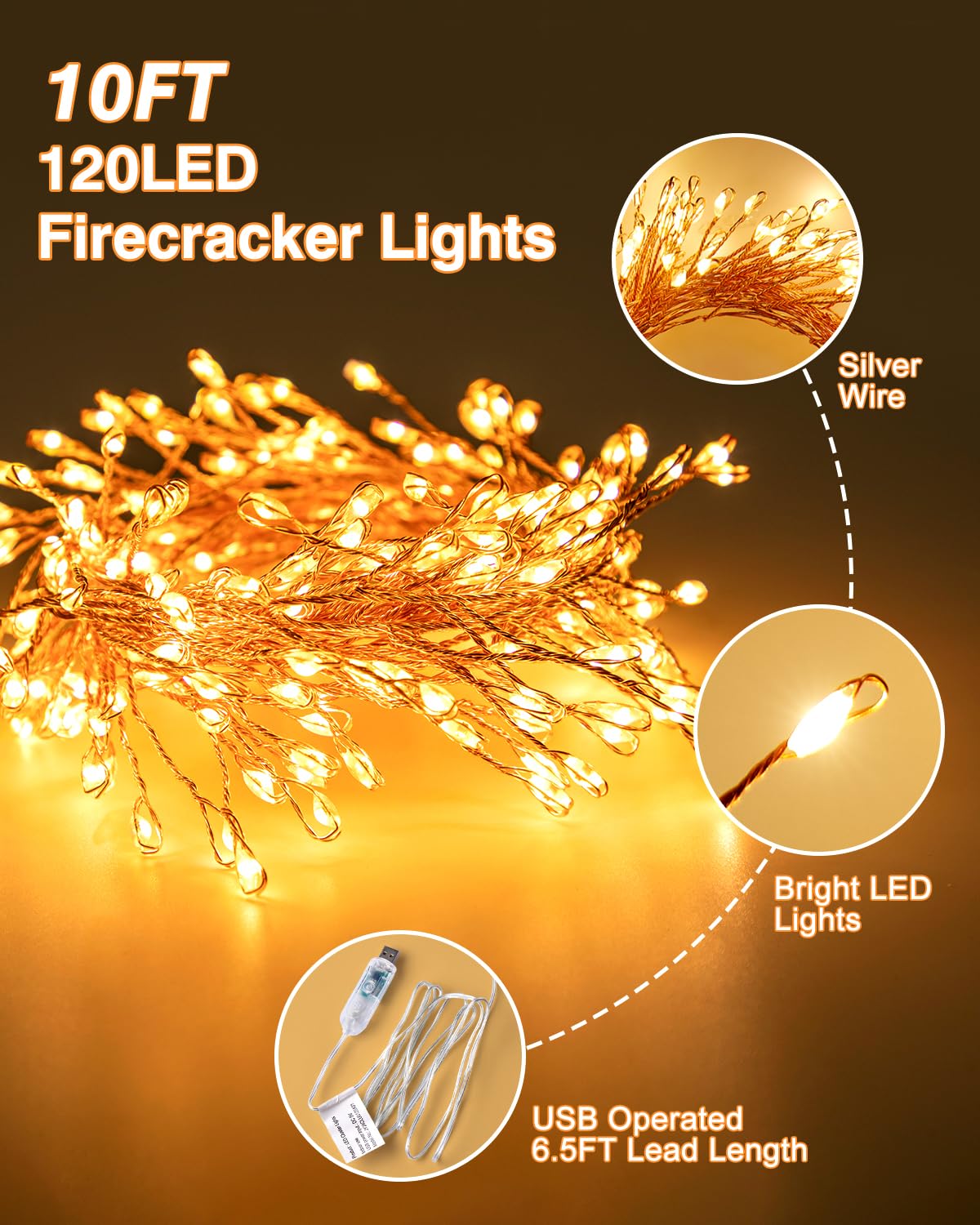 USB Operated Fairy Christmas Lights, 10FT 120LEDs Twinkle Cluster Light with 8 Modes & Remote, Silver Wire Firecracker String Lights for Garland, Room, Bedroom, DIY, Wedding Christmas Tree Decoration
