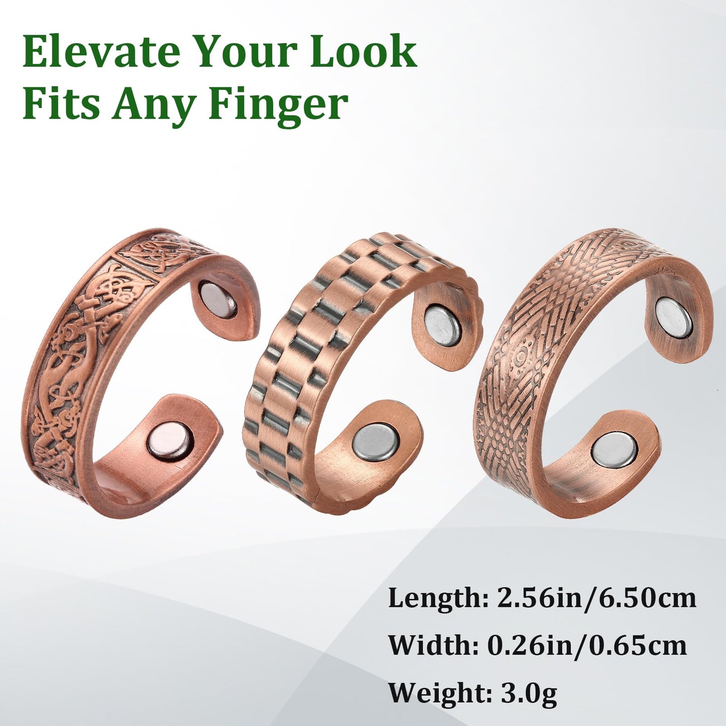 Fashtour 3 Copper Rings for Men, 99.99% Solid Pure Copper, 3pcs 3500 Gauss #9 Rings, Vintage & Cross Pattern Adjustable Cuff Ring