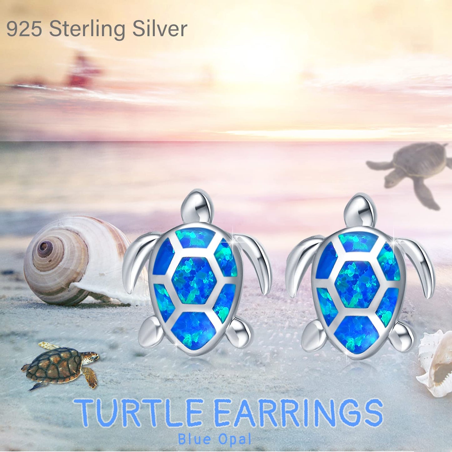 AOVEAO Sea Turtle Earrings,Sterling Silver Hawaiian Beach Themed Stud Earrings Turtle Dangle Blue Opal Ocean Jewelry Gifts for Women Girlfriend (Stud)
