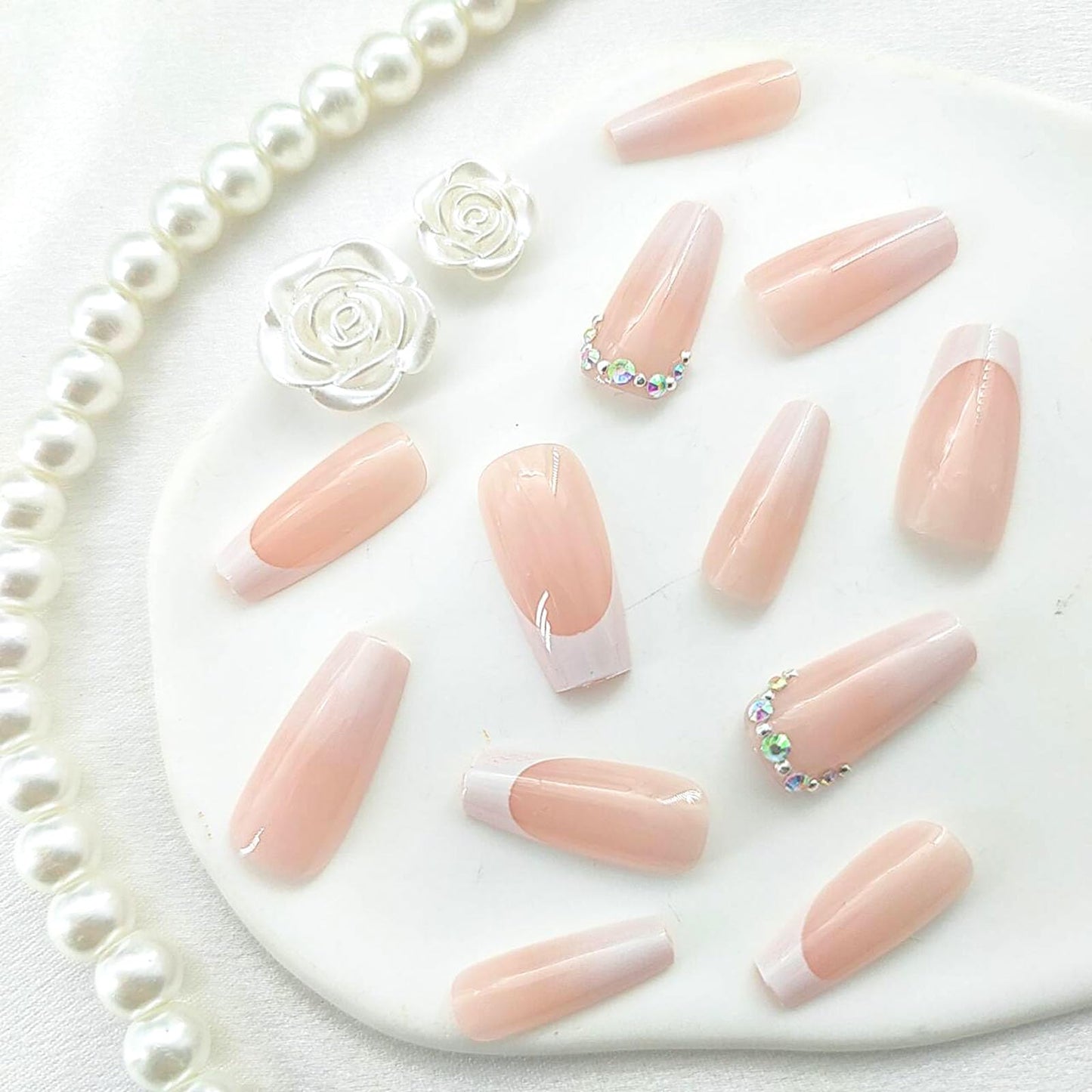 French Tip Press on Nails Medium Coffin Fake Nails with Rhinestones Gradient Designs White Nails Press ons Glossy Glue on Nails Nude Acrylic Nails Cute False Nails Stick on Nails for Women24Pcs