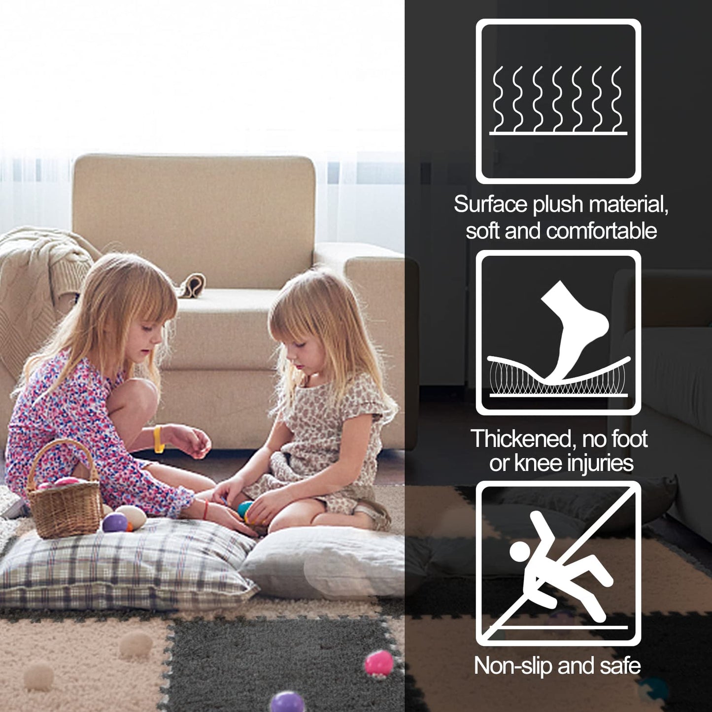 12 pcs Thickened Plush Interlocking Floor Mat 0.6" Thick- Fluffy Square Tiles with 12 Edgings Soft Anti-Slip Puzzle Area Rug Playmat for Room (11.8", Gray & Light Brown)