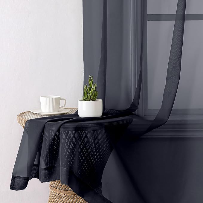 Lecloud Black Sheer Curtains 48 Inch Length 2 Pcs, Light Filtering Bedroom Curtains for Living Room Window Treatments, Rod Pockets Voile Drapes for Bathroom Basement, Each Panel 42" W x 48" L