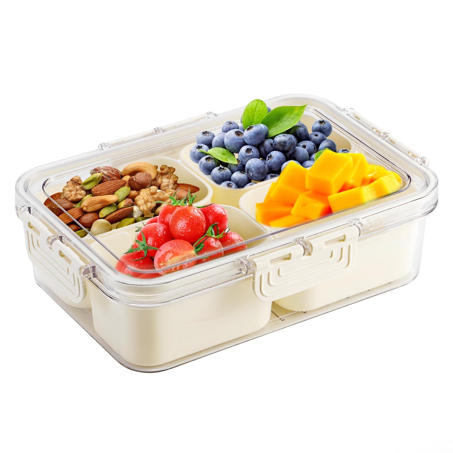 Tobiwibby Divided Serving Tray with Lid and Handle, Snackle Box Container mit 4 Compartments Clear Serving Platters and Trays,Snack Platters for Veggie Fruits Snacks Nuts, for Picnic Party Travel
