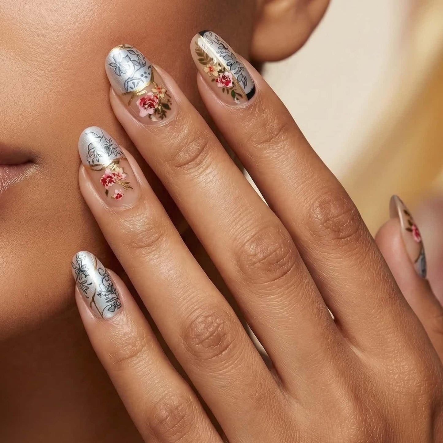 Flower Press on Nails Short Almond Fake Nails Blue Floral with Peony Design Full Cover Glossy Acrylic Artificial Fingernails Press Ons Blossom Stick on Nail 24Pcs