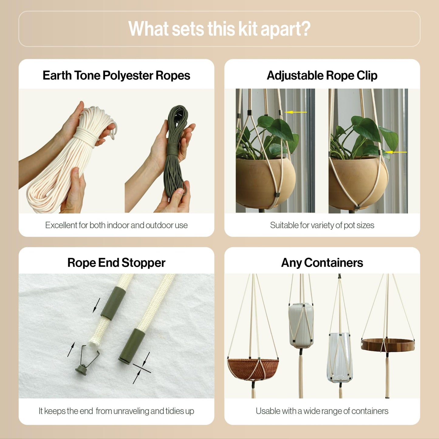 LET BE Macrame Kits for Beginners, 3 Set of Plant Hangers DIY Kit: Braided Polyester Ropes 50yds*5mm Ivory, 20yds*2mm Forest Green, 60+Pcs Supplies with Step-by-Step Easy Instructions (IVGR)