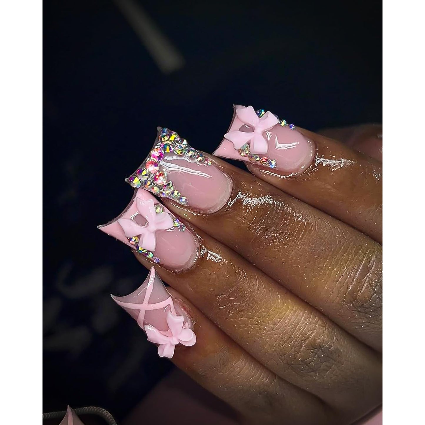 Exylixor Handmade Press on Nails Short Duck Shape - Romantic Balletcore Pink Fake Nails, 3D Bows & Rhinestone Flared False Nails, Coquette Style, 10 Pcs for Women (Size M)