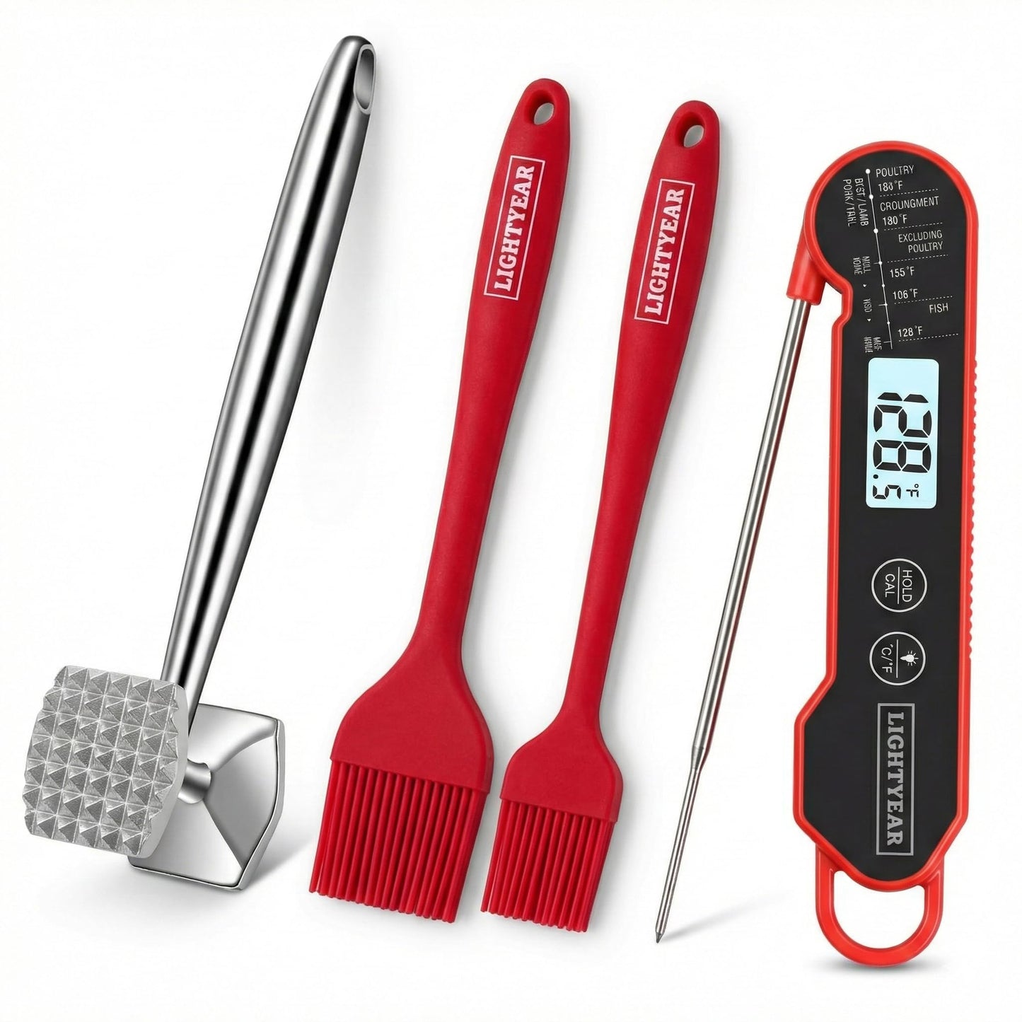 Lightyear BBQ Pro Prep & Cook Bundle – Meat Hammer, Instant Read Thermometer & Silicone Basting Brush Set