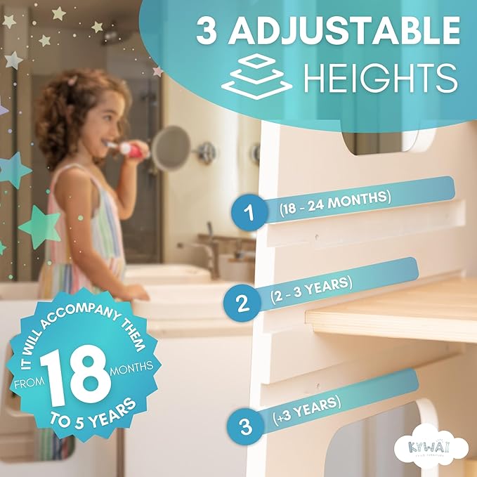 KYWAI® Toddler Kitchen Stool Helper, Adjustable Standing Tower with Safety Rails, Anti-Tip Design & Non-Slip Stickers, Sustainable Product with Extra Memory Game Made from Leftover Wood (White)