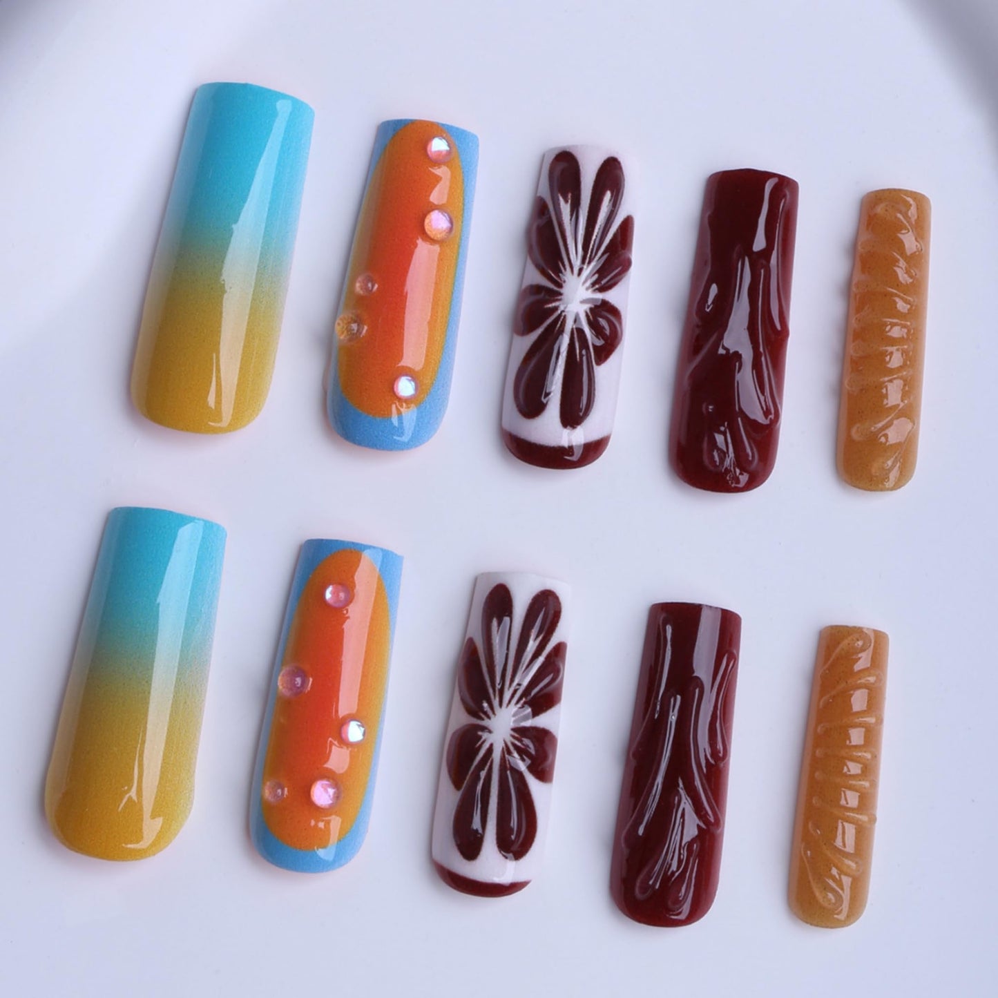 Long Press on Nails Square Fake Nails Brown Artificial Nail Orange Spring and Summer Designs Sparkly Stick on Nail for Women 24pcs