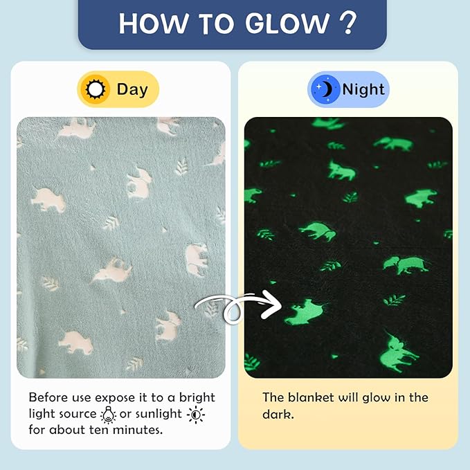 SOCHOW Glow in The Dark Throw Blanket 60 x 80 Inches, Elephant Pattern Soft Cozy Flannel Fleece Blanket for Daughters Sons, All Seasons Green Presents Blanket for Preteens Teens
