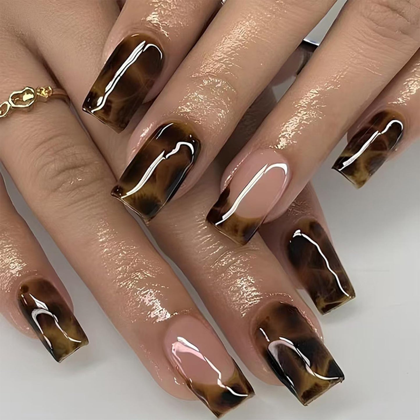 SINHOT Press on Nails - Short Square Fake Nails, Glossy Finish, Fall French Tip & Autumn Tortoise, DIY Artificial False Nail Art - 24 Pcs Nail Kit with Glue