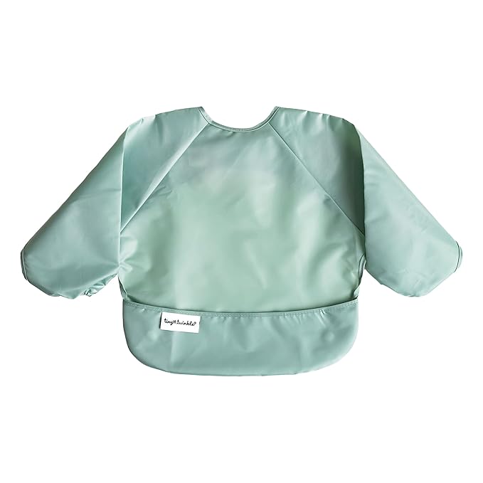 Tiny Twinkle Long Sleeve Bib for Babies & Toddlers – 2 Pack Waterproof Smock Bibs for Eating – Machine Washable & Mess-Proof, Baby Feeding Essential & Shower Must-Have (Sage Charcoal,6–24M)