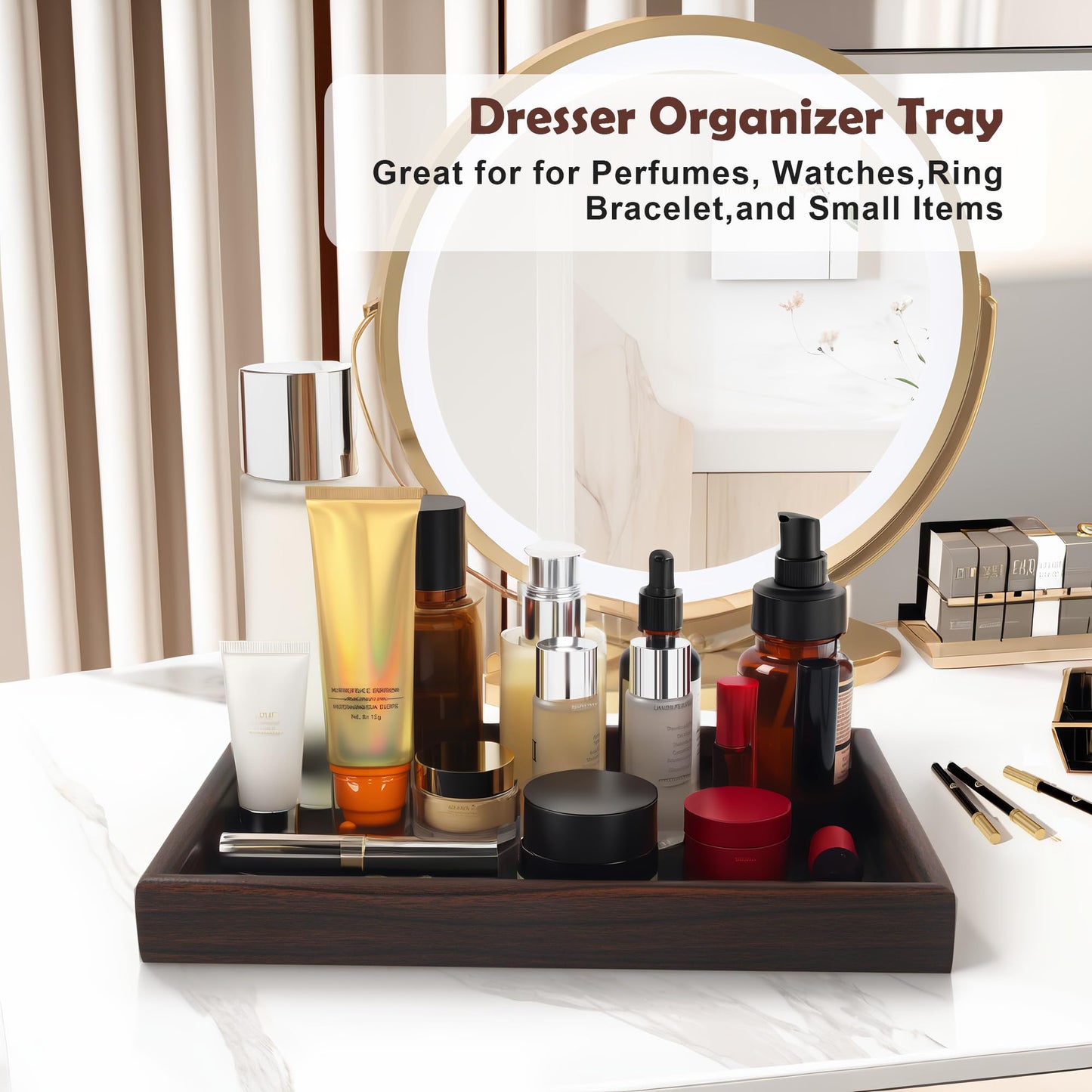 Zosenley Wooden Valet Tray with Leather Base - Nightstand Catchall Organizer for Cologne, Perfume, Keys, Wallet, Phone, Watch, Jewelry & Sunglasses (2Pcs Black)