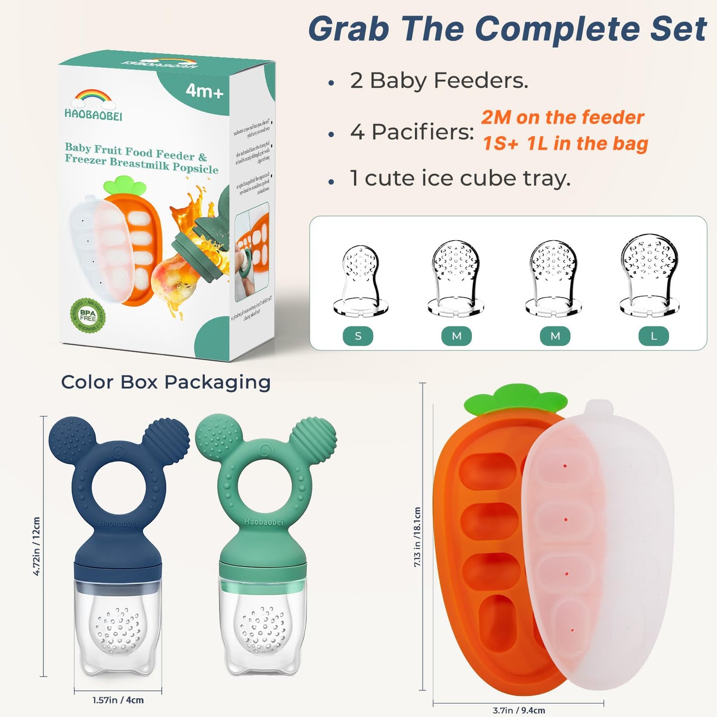 HAOBAOBEI Baby Fruit Feeder 2 Pack with Freezer Tray, 4 Silicone Pouches in 3 Sizes, Breastmilk Popsicle Mold, Food Feeder Pacifier and Silicone Teether for Teething Relief, 4+ Months
