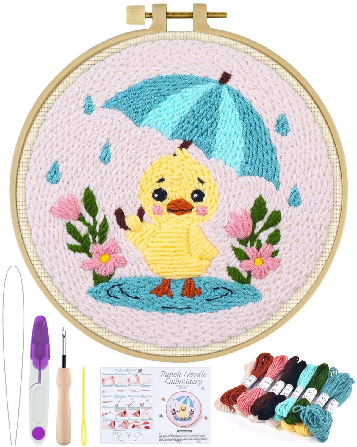 ERKOON Punch Needle Kit for Beginners Adults, DIY Easy Animal Embroidery Set for Starter Art Craft, Needling Punch Project with Patterns, Tools, Yarns, Hoop, Instruction (Duck)