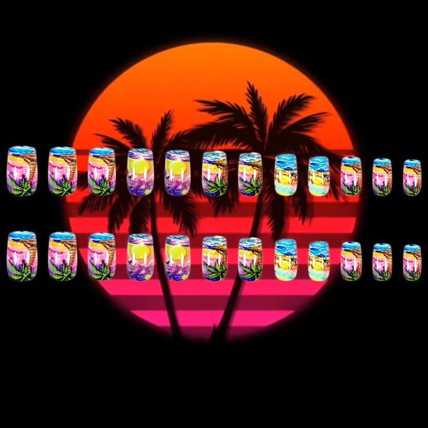 24Pcs Summer Press on Nails Sea Waves & Sunset Design Fake Nails Coconut Tree False Nails Short Square Glue on Nails Acrylic Full Cover Stick on Nails for Women Summer Beach Manicure