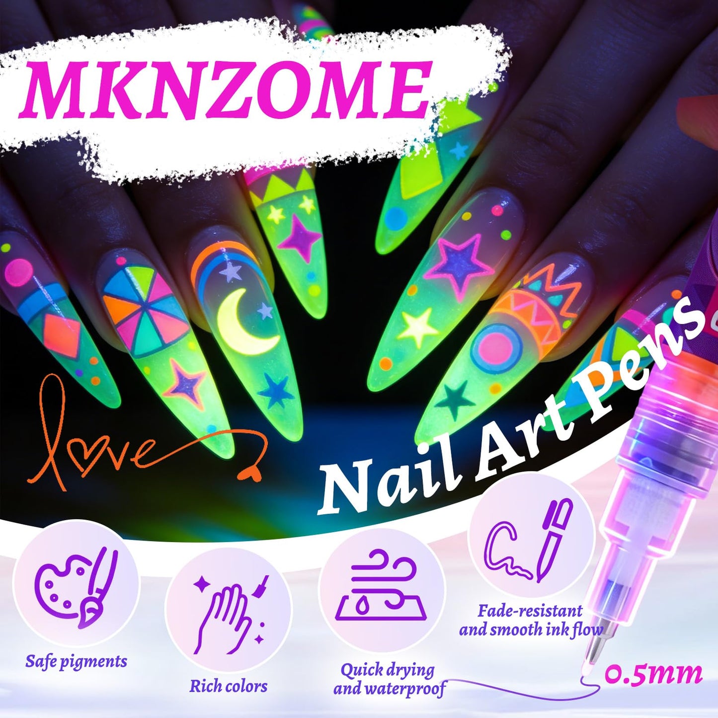 MKNZOME 24 Color Nail Art Pens, Nail Pigment Powder Palette, Waterproof DIY Nails Art Design Manicure Tools