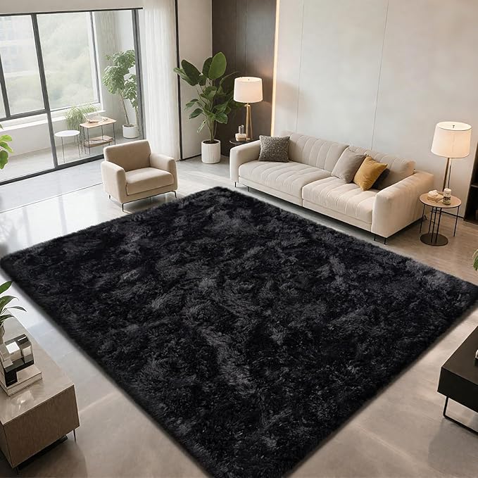 9X12 Large Shag Area Rugs for Living Room Bedroom,Big Soft Fluffy Rug for Bedroom Dorm, Indoor Carpet Nursery Rugs for Kids Girls Room Home Decor (Black, 9X12 Feet)