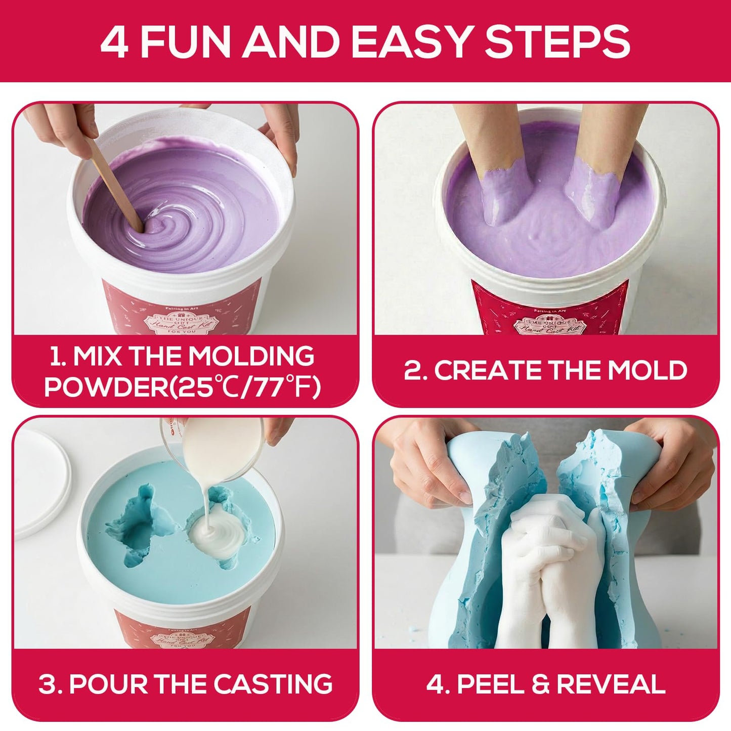Falling in Art Hand Casting Kit Couples - Keepsake Plaster Hand Mold Kit for Family, Kids, Adults with Large Bucket, Gloves, Powder Materials, Color Paints, Wooden Base, Valentine's Day Gift