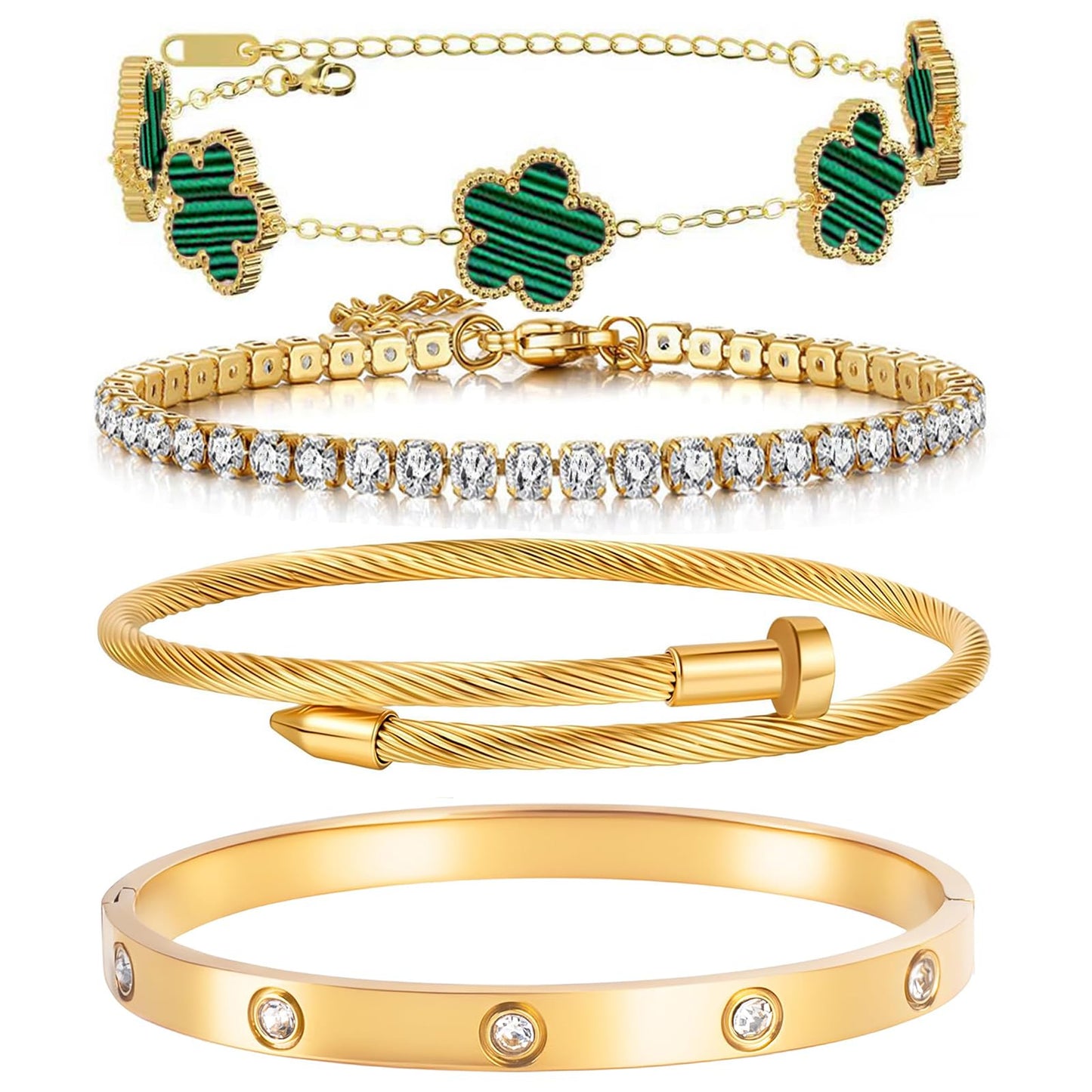 MEIERYA 18K Gold Plated Womens Stackable Floral Bracelets Set,Twisted Cable Bangle,Trendy Jewelry,Waterproof adjustable bracelet,Christmas Birthday Gifts for Girlfriend or Mother. (03-Color-green)