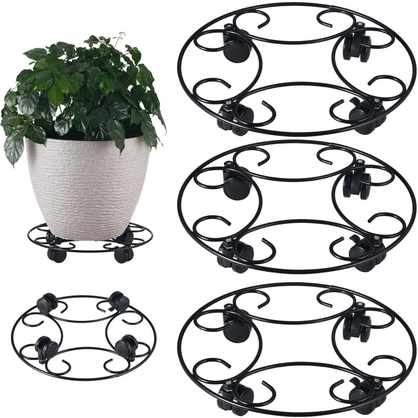 3 Packs 12.8" Metal Plant Caddy With Wheels - Large Rolling Stands Heavy-Duty Wrought Iron Roller Base Pot Movers Saucer Indoor Outdoor Dolly Coasters Planter Tray