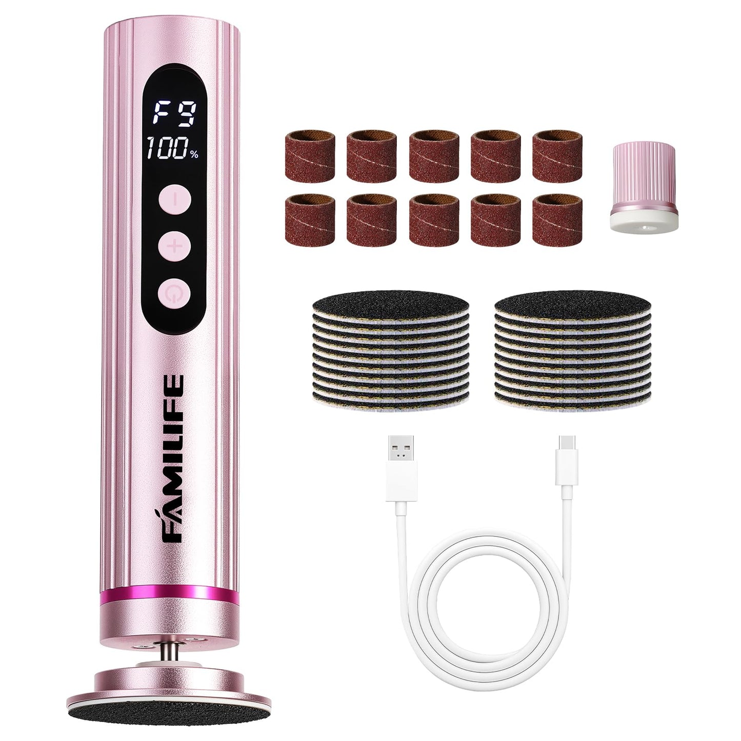 FAMILIFE Electric Foot File Callus Remover – Rechargeable Pedicure Tool with Display Screen, Replaceable Sandpaper Discs, Forward & Reverse Rotation, for Men and Women
