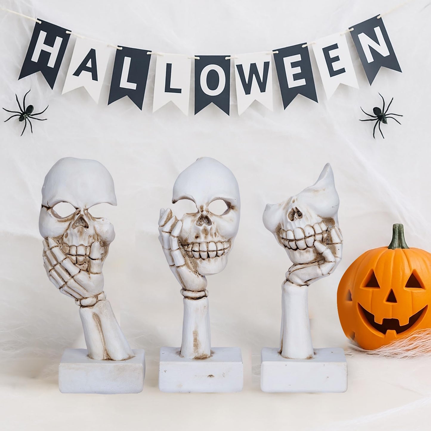 3 Pieces Face Halloween Skeleton Statue Mask Halloween Skull Figurine Home Decor 6.5”Funny Skeleton Collectible Figurines Gothic Desk Ornaments for Indoor Living room Office Table Shelf Bookshelf